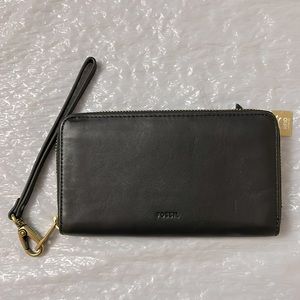 Fossil Emma Black RFID Large Zip Around  Wristlet Leather Clutch Wallet/Wristlet